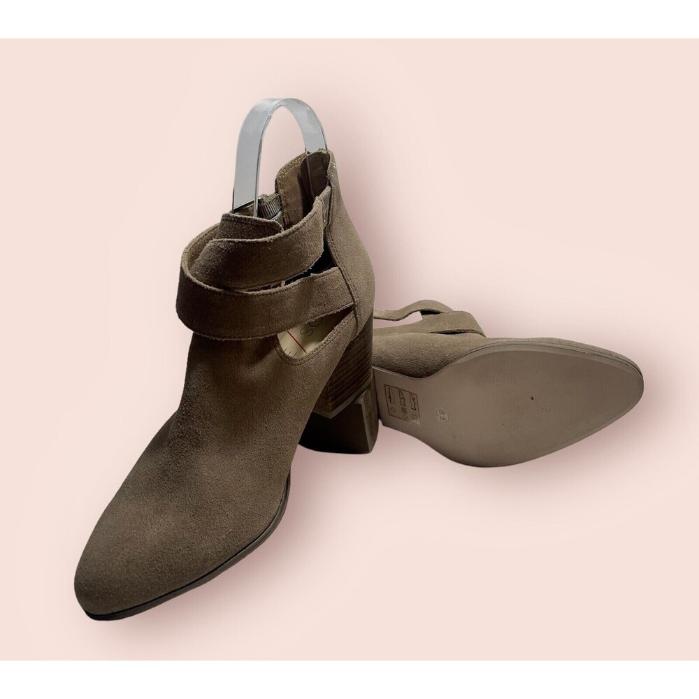 SOLE SOCIETY Taupe Suede Stacked High Heel Back Zipper, Ankle Booties SZ 8.5M